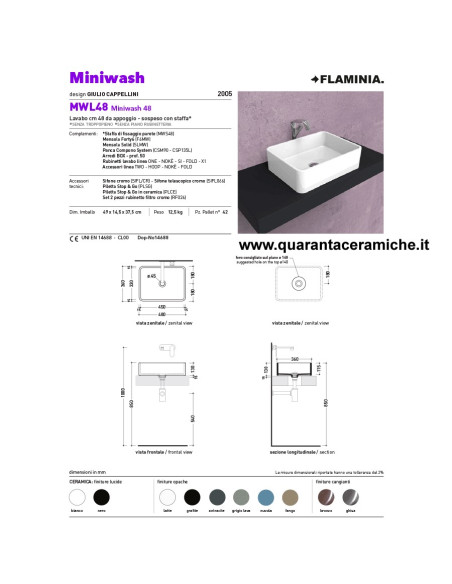 Flaminia Miniwash lavabo sospeso o da appoggio cm 48