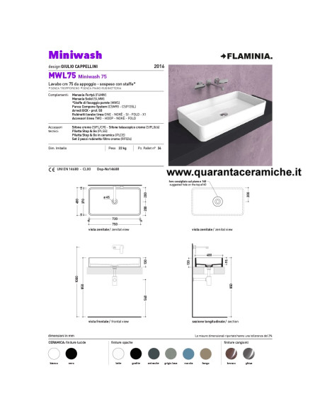 Flaminia Miniwash lavabo sospeso o da appoggio cm 75