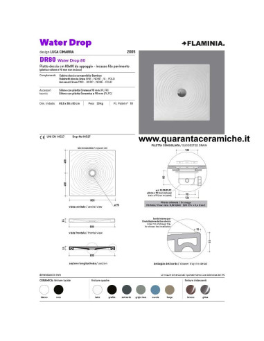 Flaminia piatto doccia water drop  in ceramica H5,5 cm 80x80 scheda