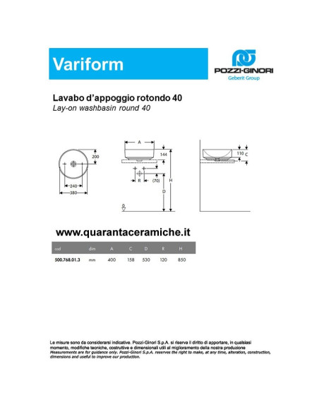 Pozzi Ginori Variform lavabo da appoggio rotondo 40