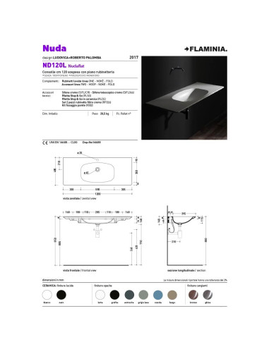 Flaminia Nudaflat 120 lavabo a consolle sospeso bianco opaco (latte)