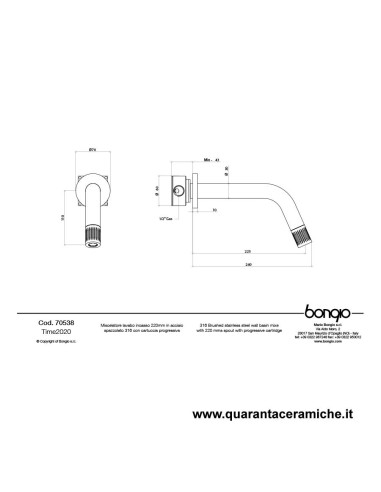 Bongio TIME2020 miscelatore lavabo incasso 220mm. cartuccia progressiva in acciaio inox 916