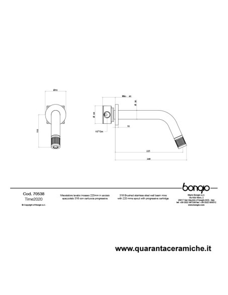 Bongio TIME2020 miscelatore lavabo incasso 220mm. cartuccia progressiva in acciaio inox 916