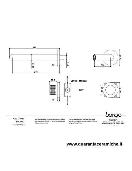 Bongio TIME2020 miscelatore lavabo incasso con bocca da 220mm. cartuccia progressiva nel comando remoto in acciaio inox 916