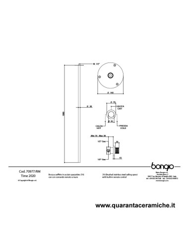 Bongio TIME2020 bocca a soffitto con comando remoto a muro con cartuccia progressiva - acciaio inox 916
