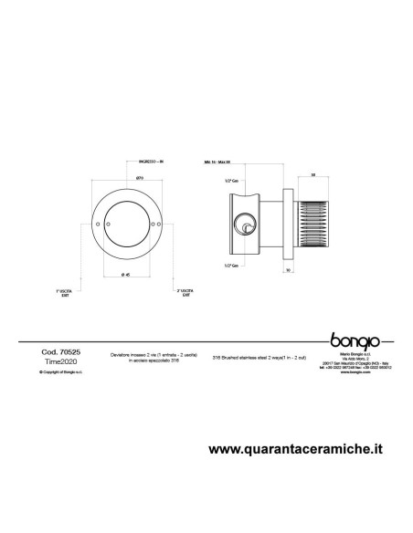 Bongio TIME2020 deviatore incasso 2 uscite - acciaio inox 916