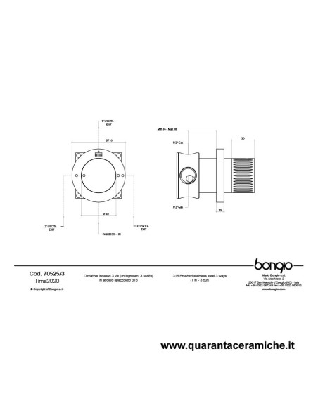 Bongio TIME2020 deviatore incasso 3 uscite - acciaio inox 916