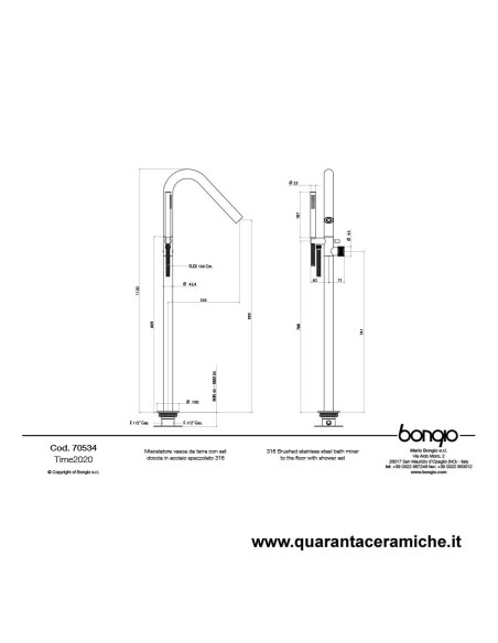 Bongio TIME2020 miscelatore vasca da terra con cartuccia progressiva e set doccia in acciaio inox 916