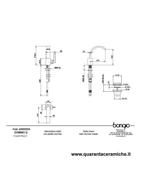 Bongio DOMINO Q Miscelatore bidet con piletta click-clack