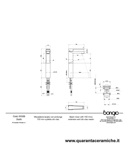 Bongio STELTH Miscelatore lavabo con prolunga 150 mm con piletta click-clack