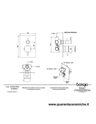 Bongio DOMINO Q Termostatico incasso coassiale con deviatore meccanico a 2 uscite