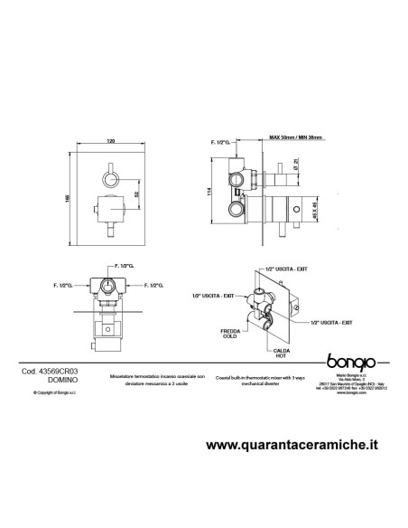 Bongio DOMINO Q Miscelatore termostatico incasso coassiale con deviatore meccanico a 3 uscite