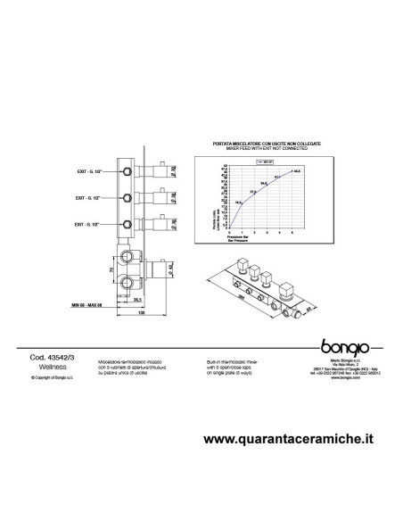 Bongio DOMINO Q Miscelatore termostatico incasso con 3 rubinetti di apertura/chiusura su piastra unica (3 uscite)