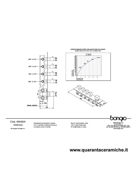 Bongio DOMINO Q Miscelatore termostatico incasso con 4 rubinetti di apertura/chiusura su piastra unica (4 uscite)