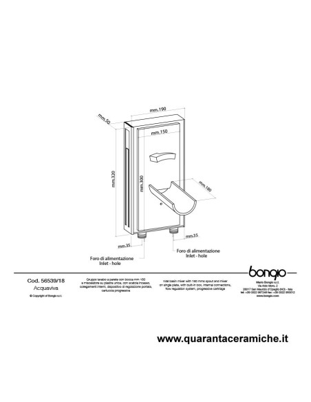 Bongio ACQUAVIVA Gruppo lavabo a parete con bocca 180 mm, miscelatore su piastra unica, cartuccia progressiva