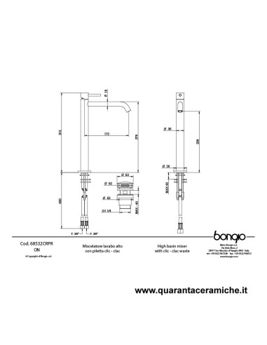 Bongio ON Miscelatore lavabo alto con scarico click clack in ottone
