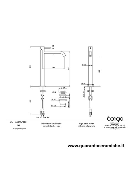 Bongio ON Miscelatore lavabo alto con scarico click clack in ottone