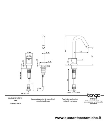 Bongio ON Gruppo lavabo bordo piano 2 fori con piletta click-clack in ottone