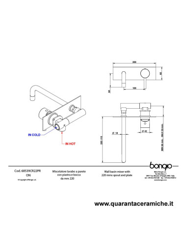 Bongio ON Miscelatore lavabo incasso con bocca 220 mm. e piastra