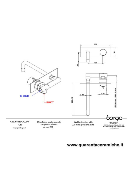 Bongio ON Miscelatore lavabo incasso con bocca 220 mm. e piastra
