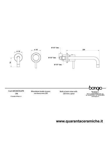 Bongio ON Miscelatore lavabo incasso con bocca 220 mm.