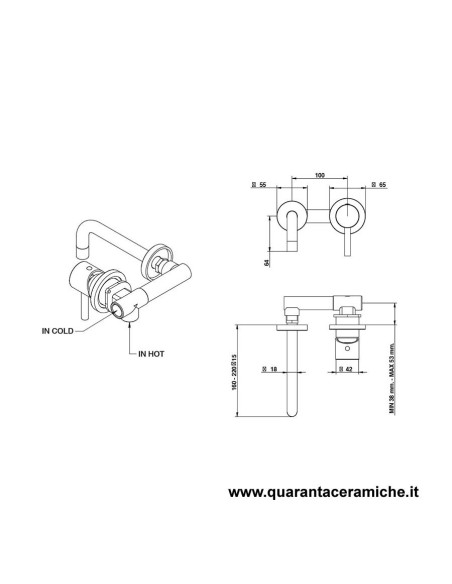 Bongio ON Miscelatore lavabo incasso con bocca 220 mm completo di connessioni incasso