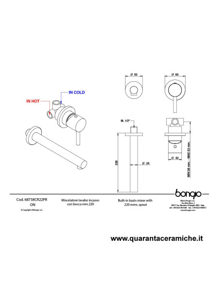 Bongio ON Miscelatore lavabo incasso con bocca 220 mm