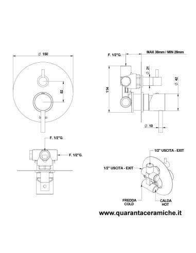 Bongio ON Miscelatore incasso con deviatore meccanico a 2 uscite