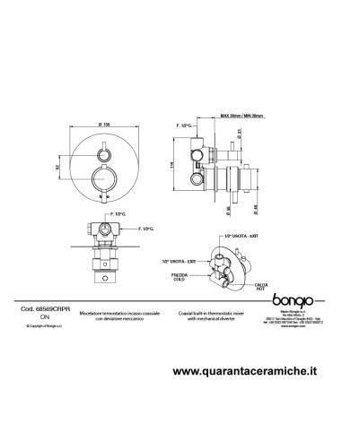 Bongio ON Termostatico incasso coassiale con deviatore meccanico a due uscite