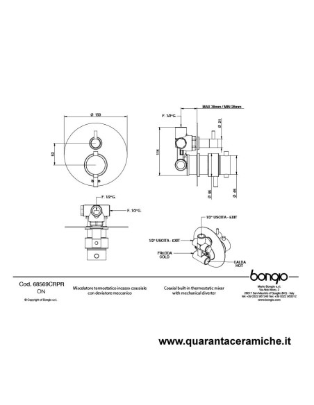 Bongio ON Termostatico incasso coassiale con deviatore meccanico a due uscite