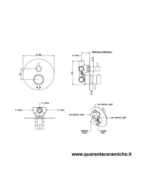 Bongio ON Miscelatore termostatico incasso coassiale con deviatore meccanico a 3 uscite