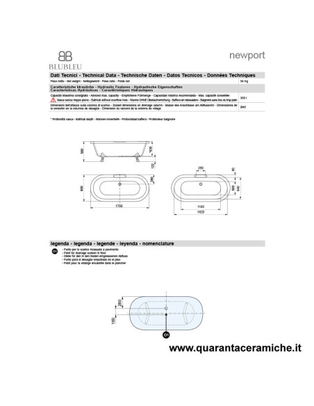Blubleu Vasca Freestanding Bcollection Newport Bianca