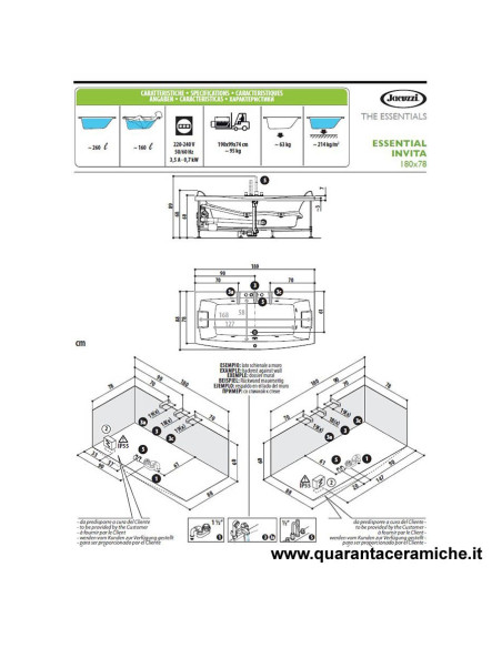 Jacuzzi Vasca idromassaggio Essential Invita 180x78/88x60H