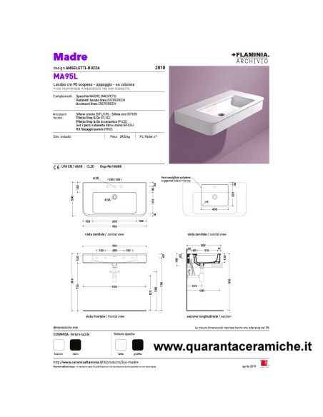 Ceramica Flaminia Madre lavabo 95 sospeso  da appoggio o su colonna
