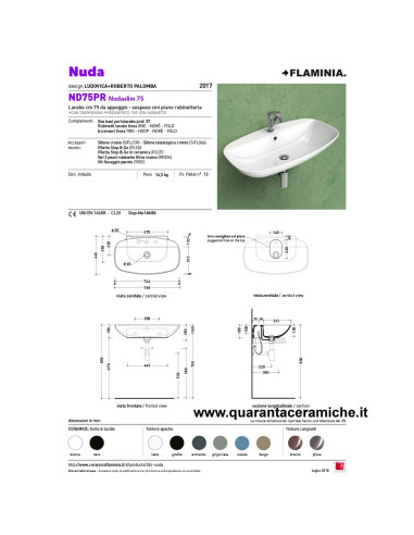 Flaminia Nudaslim 75 lavabo da appoggio o sospeso con piano rubinetteria