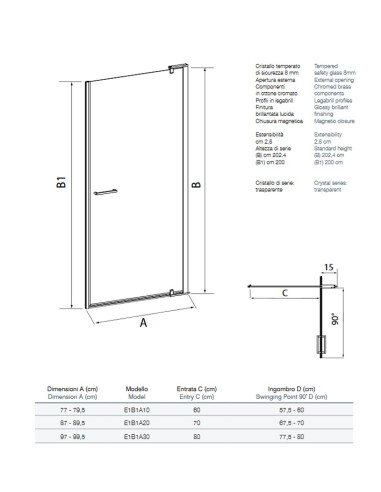 Cesana Leonardo, cabina doccia a nicchia con porta battente 77-79,5 cm