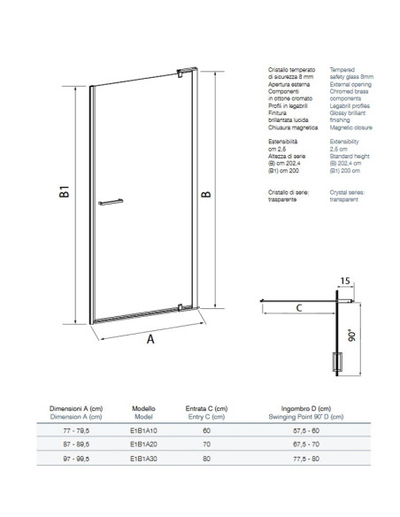 Cesana Leonardo, cabina doccia a nicchia con porta battente 77-79,5 cm