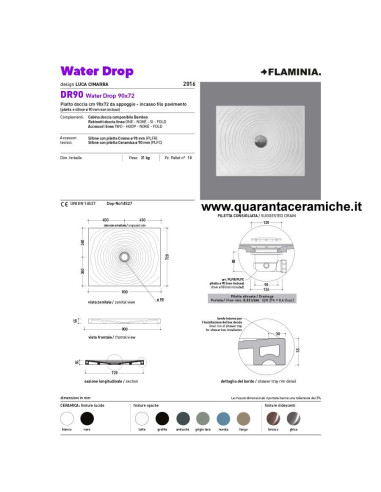 Flaminia piatto doccia water drop  in ceramica H5,5 cm 90x72