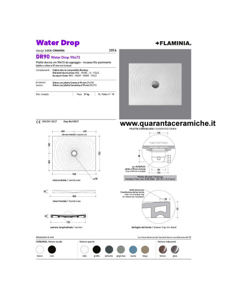 Flaminia piatto doccia water drop  in ceramica H5,5 cm 90x72