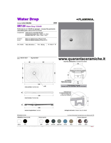 Flaminia piatto doccia water drop  in ceramica H5,5 cm 120x80