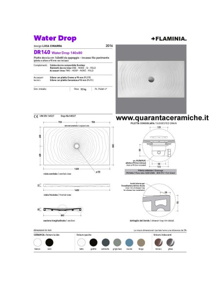 Flaminia piatto doccia water drop  in ceramica H5,5 cm 140x80
