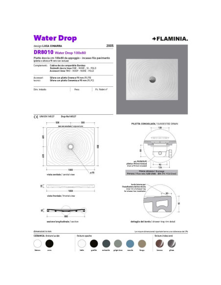 Flaminia piatto doccia water drop  in ceramica H5,5 cm 100x80