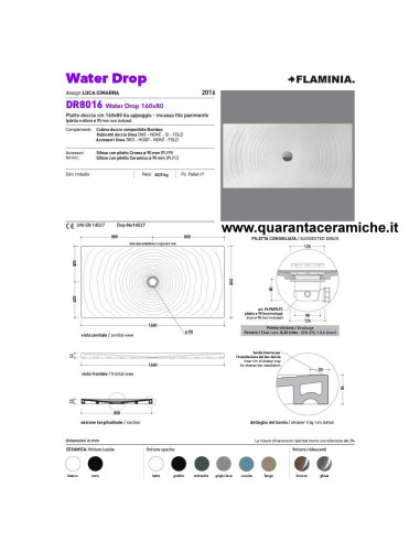 Flaminia piatto doccia water drop  in ceramica H5,5 cm 160x80