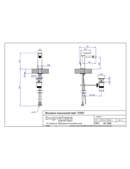 Bugnatese Tetris miscelatore monocomando lavabo e bidet con scarico automatico