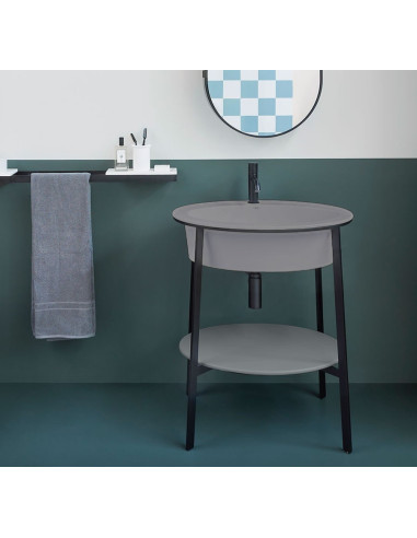 Catino Ovale, lavabo piano in ceramica struttura in acciaio e specchio