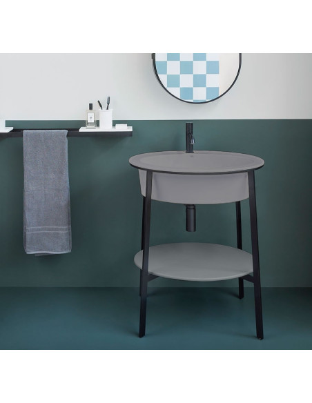 Catino Ovale, lavabo piano in ceramica struttura in acciaio e specchio