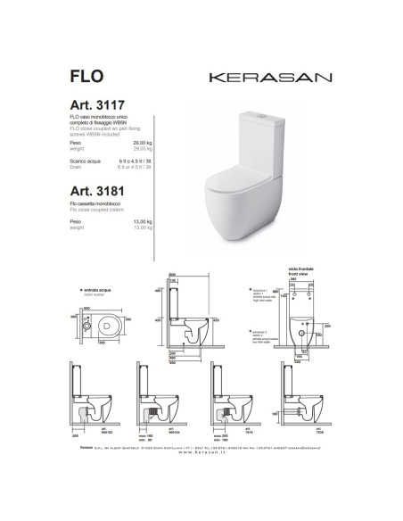 Vaso Monoblocco Kerasan Flo completo di cassetta, scarico e coprivaso rallentato