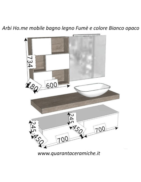 Arbi Ho.me mobile bagno legno fumè e colore bianco opaco L140xP45 cm