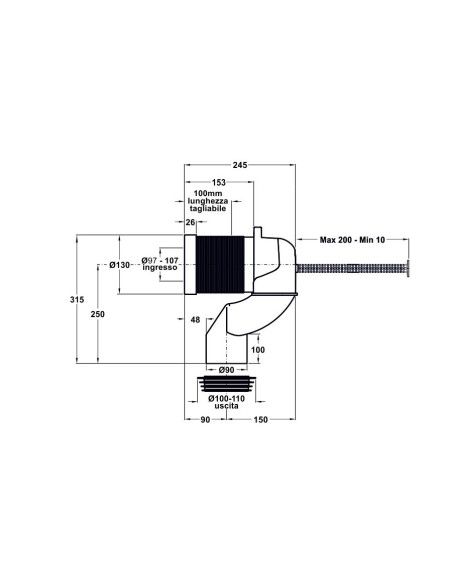 Curva tecnica variabile per vaso filomuro con scarico suolo da 16 a 20 cm