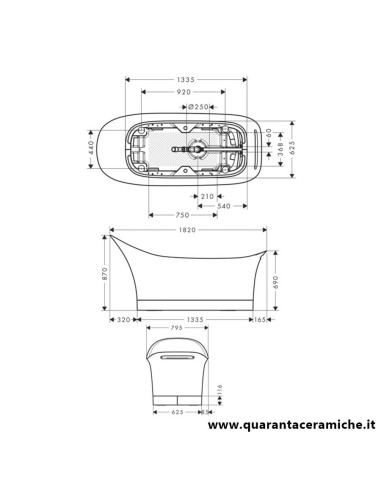 Axor Vasca da bagno freestanding Urquiola 1800/600, misure tecniche
